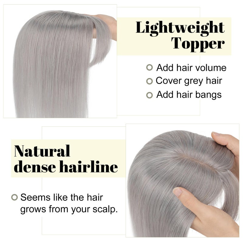 SEGO Grey Hair Toppers for Women Real Human Hair With Bangs, 10 * 12 CM Silk Base Clip In Topper Wiglet, Top Pieces for Women with Thinning Hair -10 Inch #G1 Silver Grey - Image 3